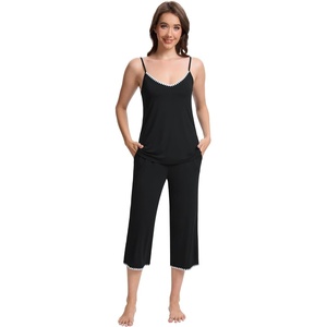 image:imageWiWi Womens Cami Pajama Sets 2 Piece Camisole Top Capri Pants Sleepwear Soft Lingerie Bamboo Viscose PJs SXXLBblack