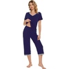 image:imageWiWi Viscose from Bamboo Pajamas Set for Women Summer Sleepwear Pjs Comfy Short Sleeve Tops Capri Pants Sets SXXLCnavy