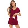 image:imageWiWi Womens Pajamas Set Bamboo Viscose Super Soft Short Sleeve Top Ruffle Shorts Sleepwear Cooling Pj Sets SXXLBwine Red