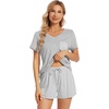 image:imageWiWi Womens Pajamas Set Bamboo Viscose Super Soft Short Sleeve Top Ruffle Shorts Sleepwear Cooling Pj Sets SXXLCheather Grey Stripe
