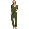 image:imageWiWi Womens Viscose from Bamboo Pajamas Set Short Sleeve Top with Pants Pjs Soft V Neck Sleepwear Lightweight Loungewear S3XAarmy Green