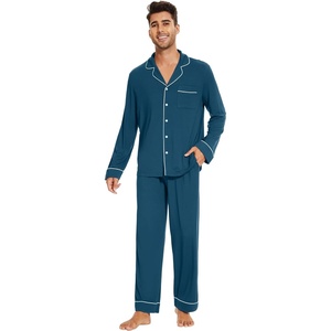 image:imageWiWi Bamboo Viscose Mens Pajamas Set Soft Button Down Cooling Sleepwear and Pants Knit Lounge PJs with Pockets SXXLAink Blue