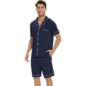 image:imageWiWi Bamboo Viscose Mens Pajamas Set Soft Button Down Cooling Sleepwear and Pants Knit Lounge PJs with Pockets SXXLBnavy