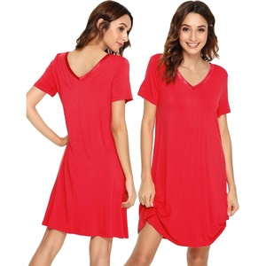 image:imageWiWi Bamboo Viscose Nightgowns for Women Short Sleeve V Neck Sleepwear Super Soft Sleep Dress Cool Plus Size Nightshirt S4XAbright Red