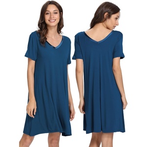 image:imageWiWi Bamboo Viscose Nightgowns for Women Short Sleeve V Neck Sleepwear Super Soft Sleep Dress Cool Plus Size Nightshirt S4XAink Blue