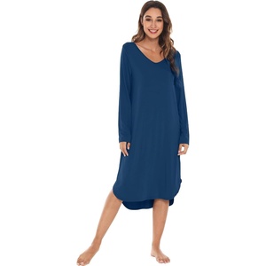 image:imageWiWi Bamboo Viscose Nightgowns for Women Soft Long Sleeve Sleep Shirt Nightshirts Cooling Pajamas Sleepwear S4XAink Blue