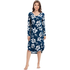 image:imageWiWi Bamboo Viscose Nightgowns for Women Soft Long Sleeve Sleep Shirt Nightshirts Cooling Pajamas Sleepwear S4XAink Blue Floral