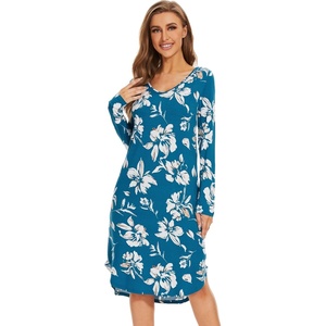 image:imageWiWi Bamboo Viscose Nightgowns for Women Soft Long Sleeve Sleep Shirt Nightshirts Cooling Pajamas Sleepwear S4XAteal Blue Floral