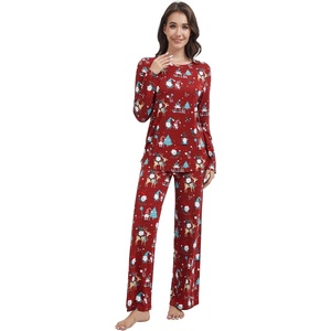image:imageWiWi Bamboo Viscose Pajama Set for Women Super Soft Long Sleeve Top with Pants Loungewear Cooling 2 Piece Pjs Sets SXXLAchristmas Elk on Red