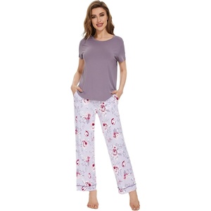 image:imageWiWi Bamboo Viscose Pajama Sets for Women Soft Sleepwear with Pants Set Stretchy 2 Pieces Pjs SXXLStyle BgreyPeony