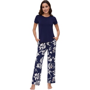 image:imageWiWi Bamboo Viscose Pajama Sets for Women Soft Sleepwear with Pants Set Stretchy 2 Pieces Pjs SXXLStyle Bnavy Floral
