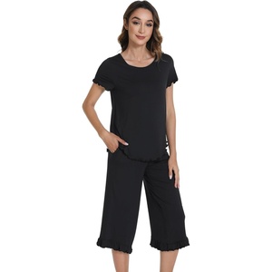 image:imageWiWi Bamboo Viscose Pajama Sets for Women Soft Sleepwear with Pants Set Stretchy 2 Pieces Pjs SXXLStyle Cblack