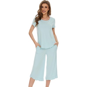 image:imageWiWi Bamboo Viscose Pajama Sets for Women Soft Sleepwear with Pants Set Stretchy 2 Pieces Pjs SXXLStyle Cmist Green
