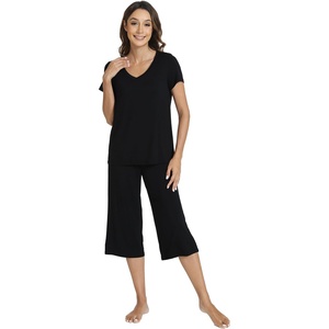image:imageWiWi Bamboo Viscose Pajama Sets for Women Soft Sleepwear with Pants Set Stretchy 2 Pieces Pjs SXXLStyle Eblack