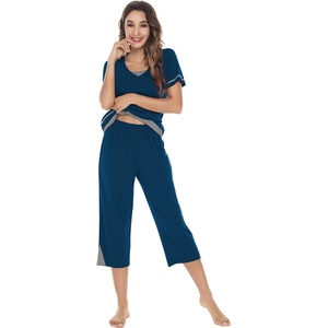 image:imageWiWi Bamboo Viscose Pajamas Set for Women Soft Sleepwear Loose comfy Short Tops with Capri Pants Pjs Loungewear SXXLAink Blue