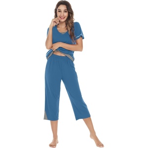 image:imageWiWi Bamboo Viscose Pajamas Set for Women Soft Sleepwear Loose comfy Short Tops with Capri Pants Pjs Loungewear SXXLAprussian Blue