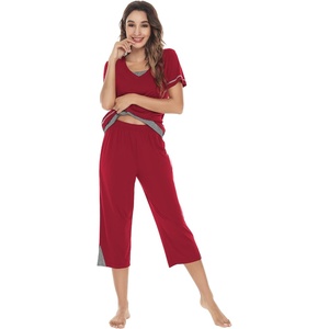 image:imageWiWi Bamboo Viscose Pajamas Set for Women Soft Sleepwear Loose comfy Short Tops with Capri Pants Pjs Loungewear SXXLAwine Red