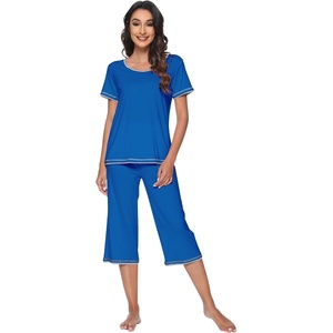 image:imageWiWi Bamboo Viscose Pajamas Set for Women Soft Sleepwear Loose comfy Short Tops with Capri Pants Pjs Loungewear SXXLBbright Blue