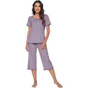 image:imageWiWi Bamboo Viscose Pajamas Set for Women Soft Sleepwear Loose comfy Short Tops with Capri Pants Pjs Loungewear SXXLBviolet