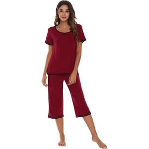 image:imageWiWi Bamboo Viscose Pajamas Set for Women Soft Sleepwear Loose comfy Short Tops with Capri Pants Pjs Loungewear SXXLBwine Red