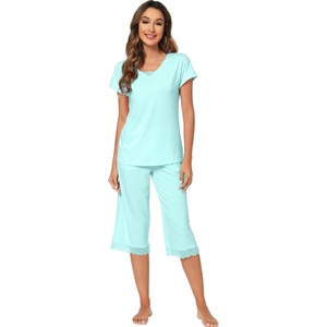 image:imageWiWi Bamboo Viscose Pajamas Set for Women Soft Sleepwear Loose comfy Short Tops with Capri Pants Pjs Loungewear SXXLCaqua
