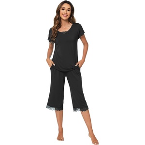 image:imageWiWi Bamboo Viscose Pajamas Set for Women Soft Sleepwear Loose comfy Short Tops with Capri Pants Pjs Loungewear SXXLCblack