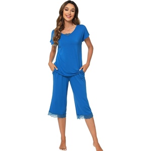 image:imageWiWi Bamboo Viscose Pajamas Set for Women Soft Sleepwear Loose comfy Short Tops with Capri Pants Pjs Loungewear SXXLCbright Blue