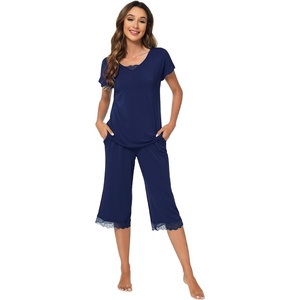image:imageWiWi Bamboo Viscose Pajamas Set for Women Soft Sleepwear Loose comfy Short Tops with Capri Pants Pjs Loungewear SXXLCnavy
