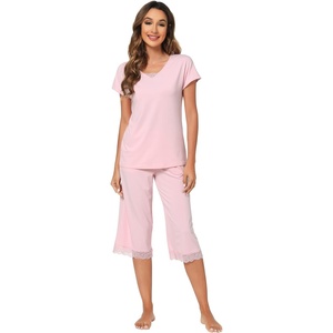 image:imageWiWi Bamboo Viscose Pajamas Set for Women Soft Sleepwear Loose comfy Short Tops with Capri Pants Pjs Loungewear SXXLCpink
