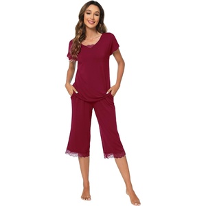 image:imageWiWi Bamboo Viscose Pajamas Set for Women Soft Sleepwear Loose comfy Short Tops with Capri Pants Pjs Loungewear SXXLCwine