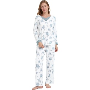 image:imageWiWi Bamboo Viscose Pajamas for Women Set 2 Piece Lace Trim Long Sleeve Womens Pajama Sets Plus Size Pjs with Pockets S4XAaqua Flowers