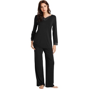 image:imageWiWi Bamboo Viscose Pajamas for Women Set 2 Piece Lace Trim Long Sleeve Womens Pajama Sets Plus Size Pjs with Pockets S4XAblack