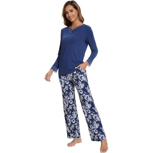 image:imageWiWi Bamboo Viscose Pajamas for Women Set 2 Piece Lace Trim Long Sleeve Womens Pajama Sets Plus Size Pjs with Pockets S4XAblue Depthgray Peony