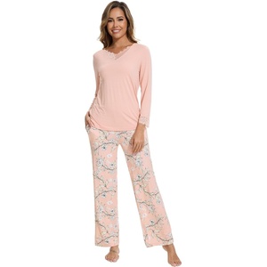 image:imageWiWi Bamboo Viscose Pajamas for Women Set 2 Piece Lace Trim Long Sleeve Womens Pajama Sets Plus Size Pjs with Pockets S4XAblushpink Flowers