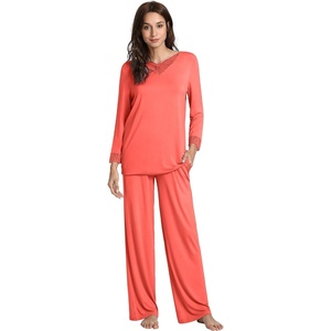 image:imageWiWi Bamboo Viscose Pajamas for Women Set 2 Piece Lace Trim Long Sleeve Womens Pajama Sets Plus Size Pjs with Pockets S4XAcoral