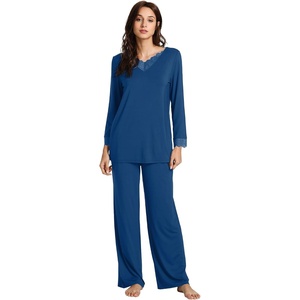 image:imageWiWi Bamboo Viscose Pajamas for Women Set 2 Piece Lace Trim Long Sleeve Womens Pajama Sets Plus Size Pjs with Pockets S4XAdark Blue