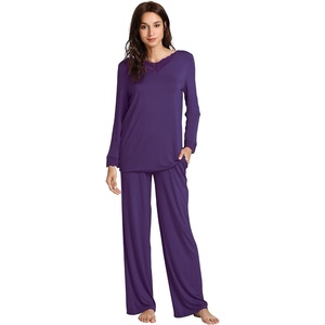 image:imageWiWi Bamboo Viscose Pajamas for Women Set 2 Piece Lace Trim Long Sleeve Womens Pajama Sets Plus Size Pjs with Pockets S4XAdark Purple