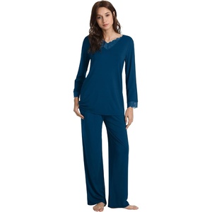 image:imageWiWi Bamboo Viscose Pajamas for Women Set 2 Piece Lace Trim Long Sleeve Womens Pajama Sets Plus Size Pjs with Pockets S4XAink Blue