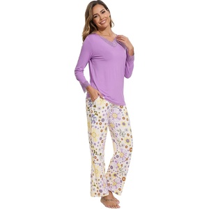 image:imageWiWi Bamboo Viscose Pajamas for Women Set 2 Piece Lace Trim Long Sleeve Womens Pajama Sets Plus Size Pjs with Pockets S4XAmedium Purplepurple Flowers