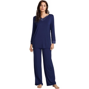 image:imageWiWi Bamboo Viscose Pajamas for Women Set 2 Piece Lace Trim Long Sleeve Womens Pajama Sets Plus Size Pjs with Pockets S4XAnavy
