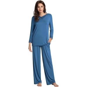 image:imageWiWi Bamboo Viscose Pajamas for Women Set 2 Piece Lace Trim Long Sleeve Womens Pajama Sets Plus Size Pjs with Pockets S4XAprussian Blue