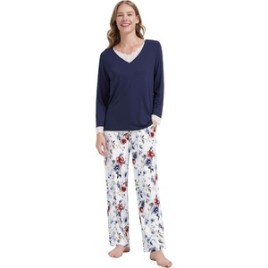 image:imageWiWi Bamboo Viscose Pajamas for Women Set 2 Piece Lace Trim Long Sleeve Womens Pajama Sets Plus Size Pjs with Pockets S4XAretro Ink Flowers