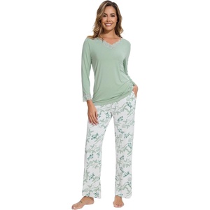 image:imageWiWi Bamboo Viscose Pajamas for Women Set 2 Piece Lace Trim Long Sleeve Womens Pajama Sets Plus Size Pjs with Pockets S4XAsage Greengreen Leaf