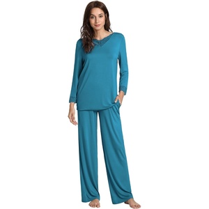 image:imageWiWi Bamboo Viscose Pajamas for Women Set 2 Piece Lace Trim Long Sleeve Womens Pajama Sets Plus Size Pjs with Pockets S4XAteal Blue