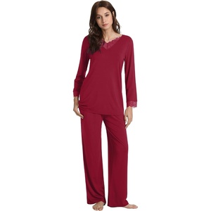image:imageWiWi Bamboo Viscose Pajamas for Women Set 2 Piece Lace Trim Long Sleeve Womens Pajama Sets Plus Size Pjs with Pockets S4XAwine