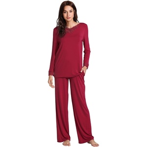 image:imageWiWi Bamboo Viscose Pajamas for Women Set 2 Piece Lace Trim Long Sleeve Womens Pajama Sets Plus Size Pjs with Pockets S4XAwine Red