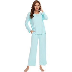 image:imageWiWi Bamboo Viscose Pajamas for Women Set 2 Piece Lace Trim Long Sleeve Womens Pajama Sets Plus Size Pjs with Pockets S4XBaqua
