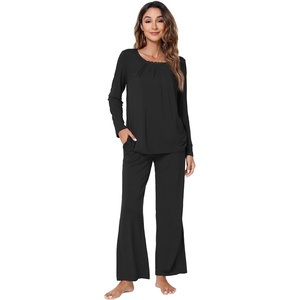 image:imageWiWi Bamboo Viscose Pajamas for Women Set 2 Piece Lace Trim Long Sleeve Womens Pajama Sets Plus Size Pjs with Pockets S4XBblack