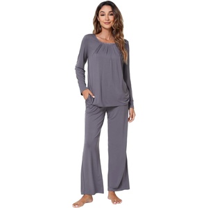 image:imageWiWi Bamboo Viscose Pajamas for Women Set 2 Piece Lace Trim Long Sleeve Womens Pajama Sets Plus Size Pjs with Pockets S4XBdark Grey