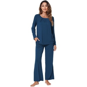 image:imageWiWi Bamboo Viscose Pajamas for Women Set 2 Piece Lace Trim Long Sleeve Womens Pajama Sets Plus Size Pjs with Pockets S4XBink Blue